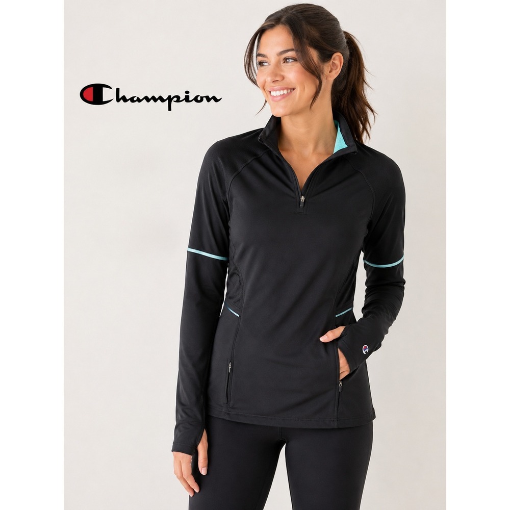 Champion Duo Dry Quarter Zip Pullover Black Teal Activewear Top Size Medium